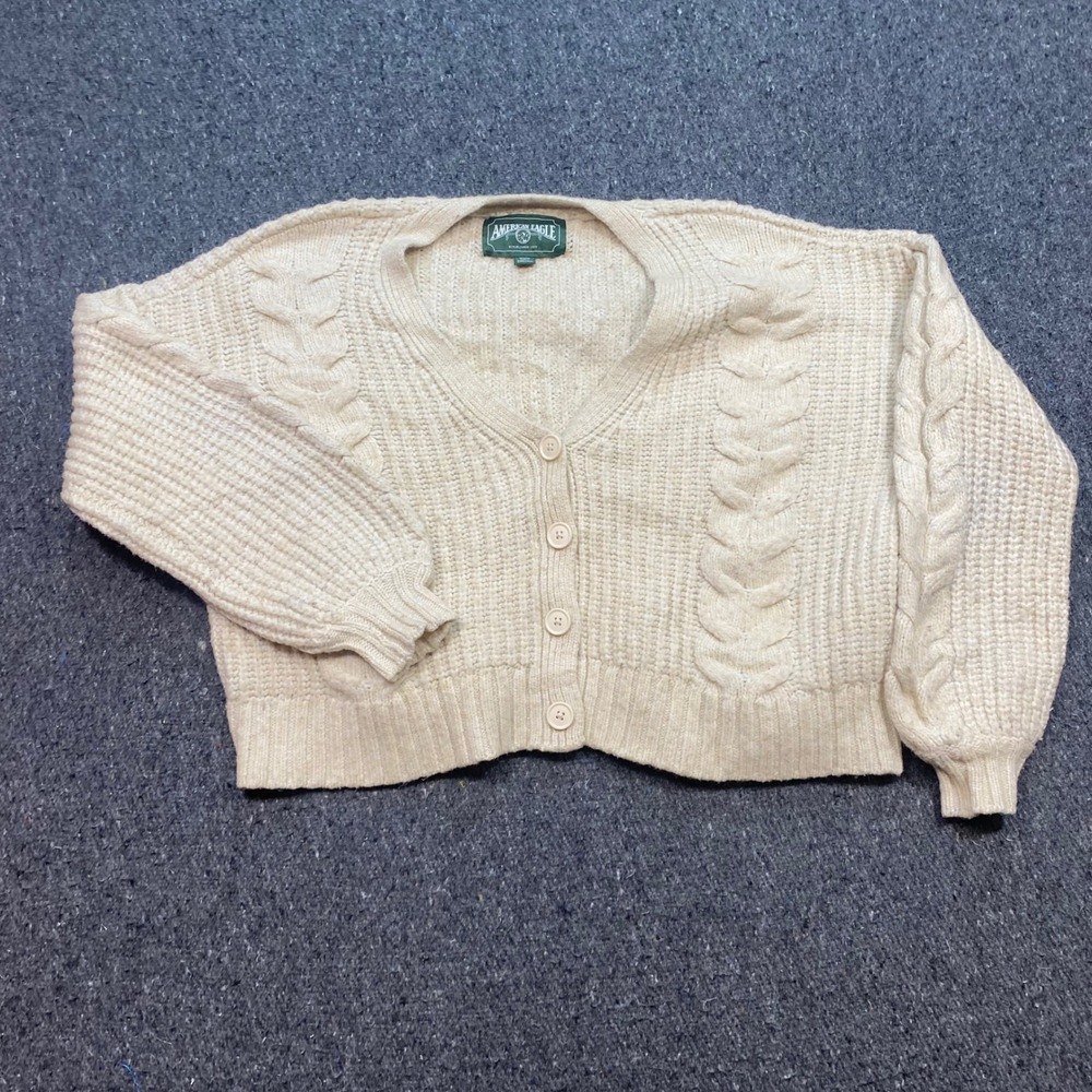 American Eagle Cardigan Sz M Womens Beige Boho Cable Knit Chunky Button Sweater